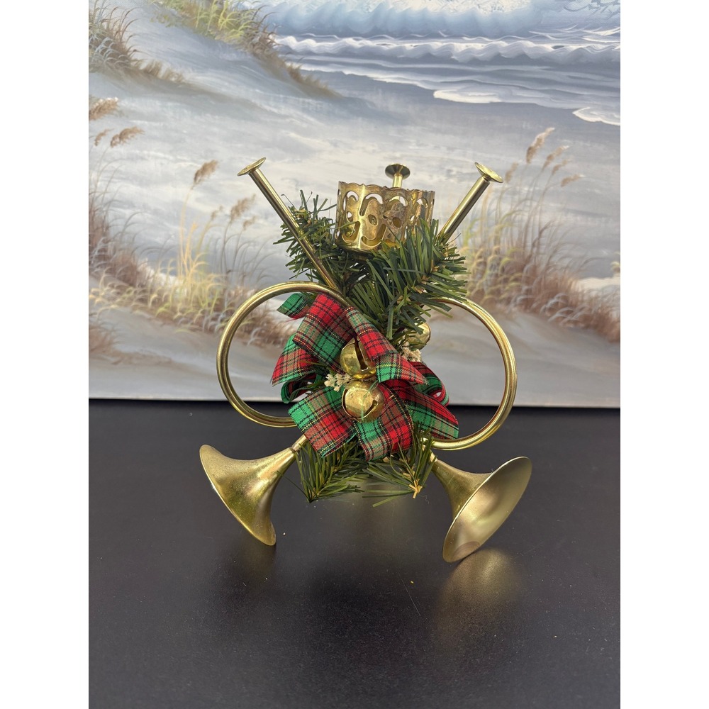 Vintage Brass French Horn Christmas Candle Holder Plaid Bow Greenery 7.5 Inch
